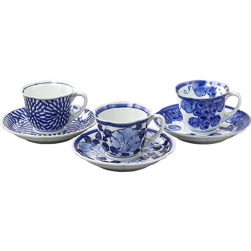 ( 波佐見焼 ) 林千作古伊万里青磁絵珈琲三ツ組珈琲碗皿揃 ( 662-5934p )