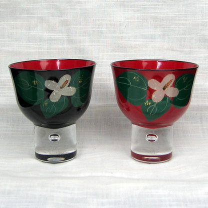 会津塗 / ガラス漆手描き盃ペアセット ( ドクダミ / 蒔絵 / 斉藤恒緒 )