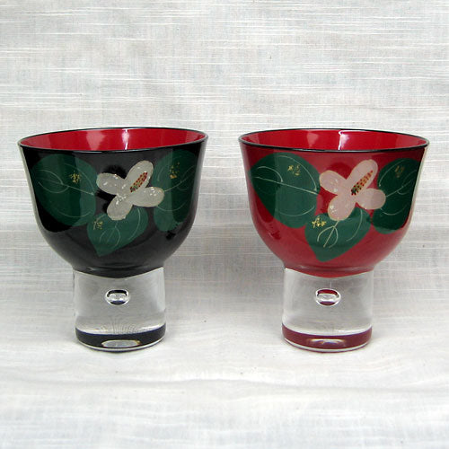 会津塗 / ガラス漆手描き盃ペアセット ( ドクダミ / 蒔絵 / 斉藤恒緒 )