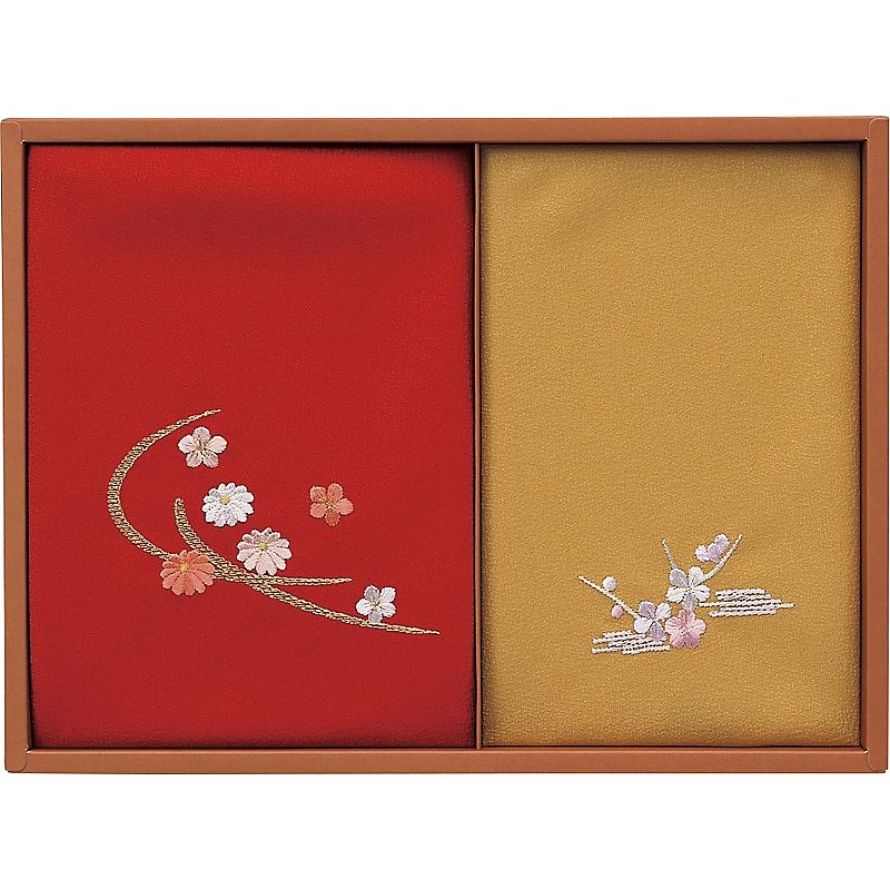 ( 洛北 ) 刺繍入り二巾風呂敷&金封包み ( 赤/金茶 )